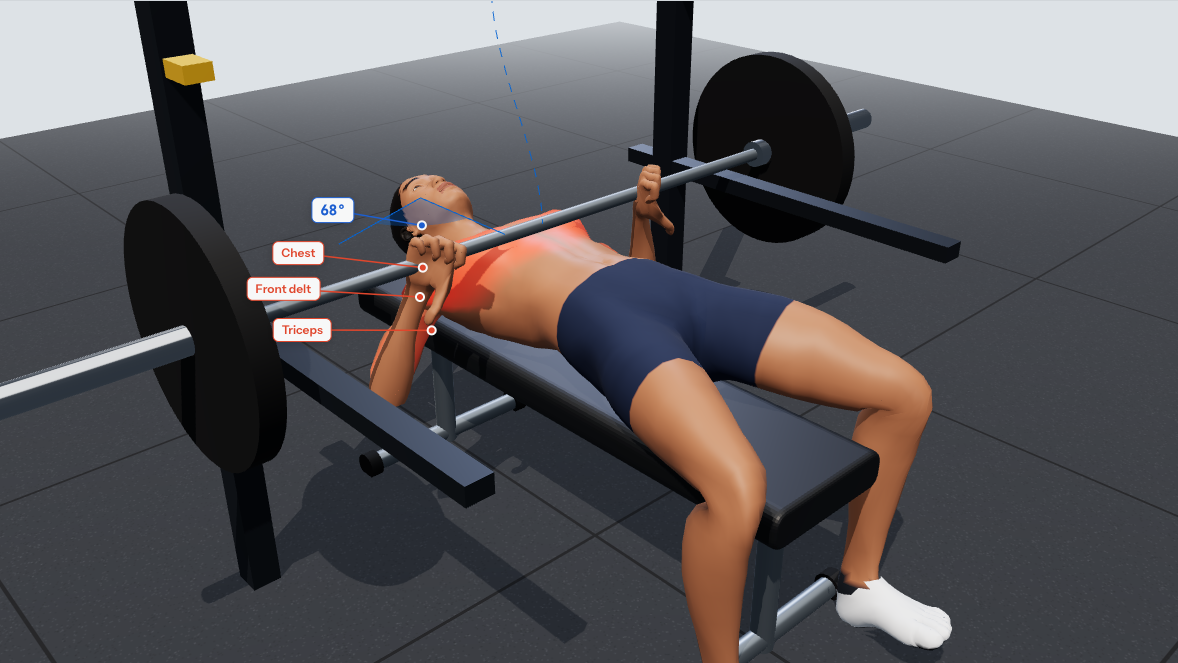 Bottom position of the barbell bench press: bar touching the lower chest, forearms vertical, elbows about 60° from the torso, bench inside a rack with safety arms.